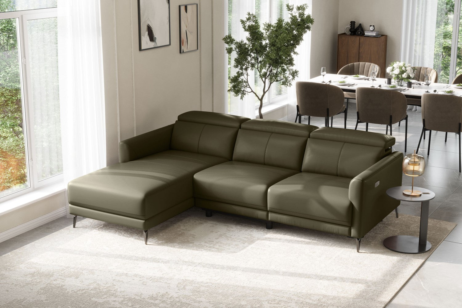 Valencia Andria Modern Left Hand Facing Top Grain Leather Reclining Sectional Sofa, Dark Green Color