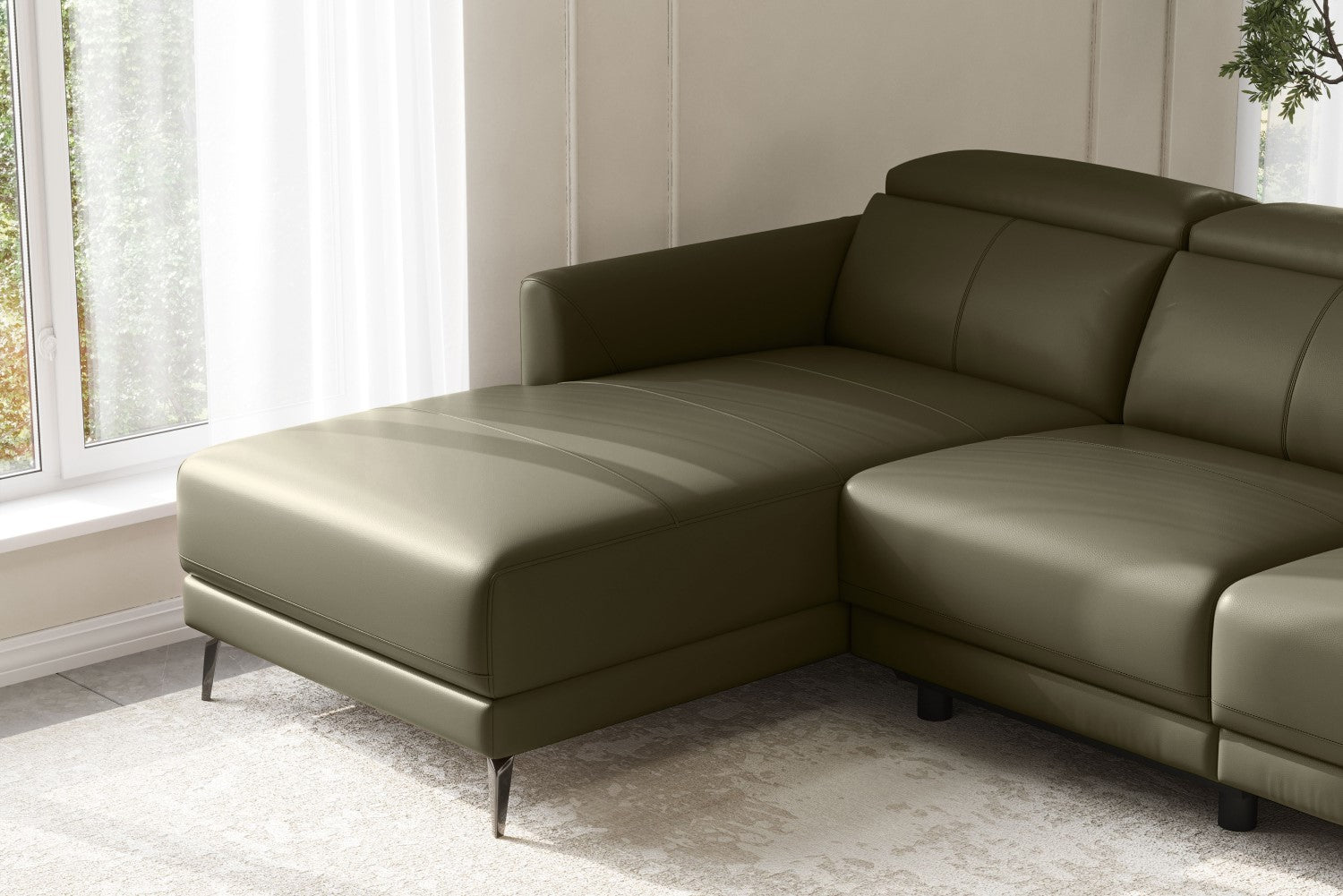 Valencia Andria Modern Left Hand Facing Top Grain Leather Reclining Sectional Sofa, Dark Green Color