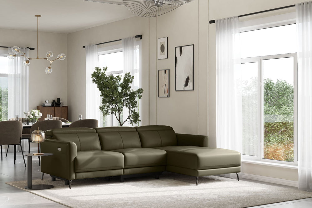 Valencia Andria Modern Right Hand Facing Top Grain Leather Reclining Sectional Sofa, Dark Green Color