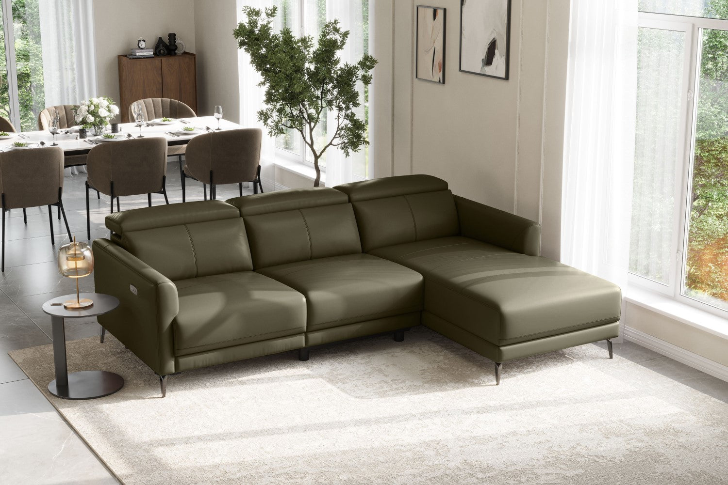 Valencia Andria Modern Right Hand Facing Top Grain Leather Reclining Sectional Sofa, Dark Green Color