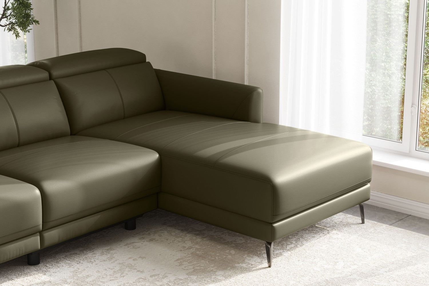Valencia Andria Modern Right Hand Facing Top Grain Leather Reclining Sectional Sofa, Dark Green Color