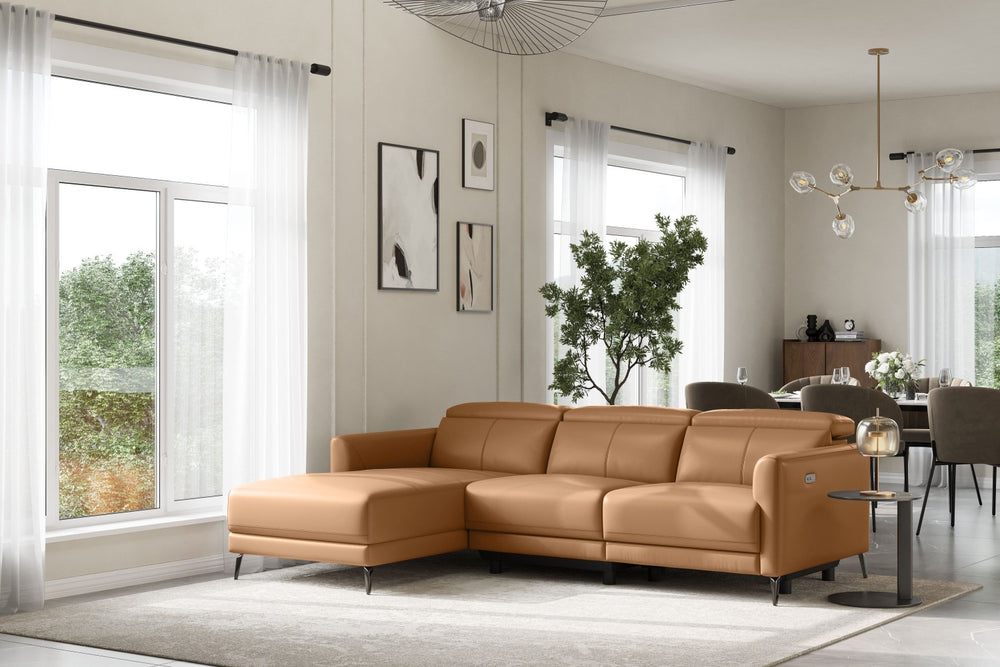 Valencia Andria Modern Left Hand Facing Top Grain Leather Reclining Sectional Sofa, Tan Color