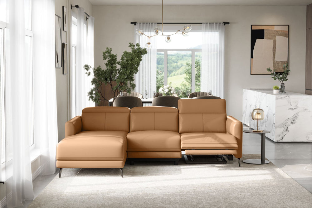 Valencia Andria Modern Left Hand Facing Top Grain Leather Reclining Sectional Sofa, Tan Color