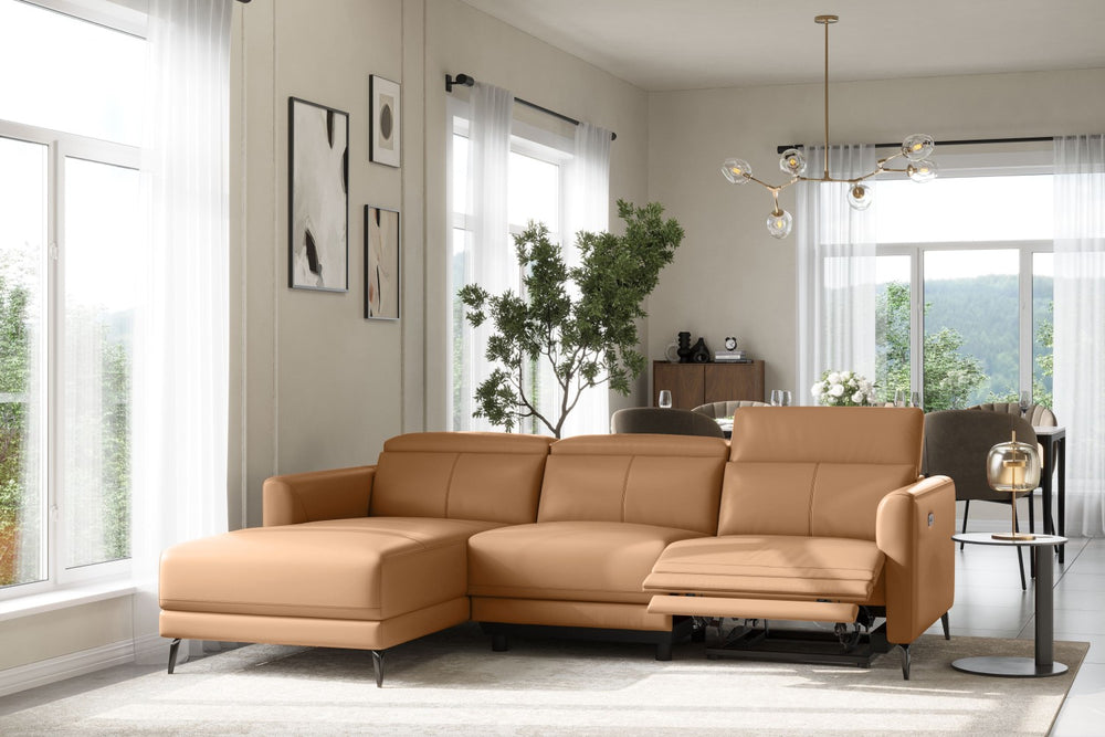 Valencia Andria Modern Left Hand Facing Top Grain Leather Reclining Sectional Sofa, Tan Color