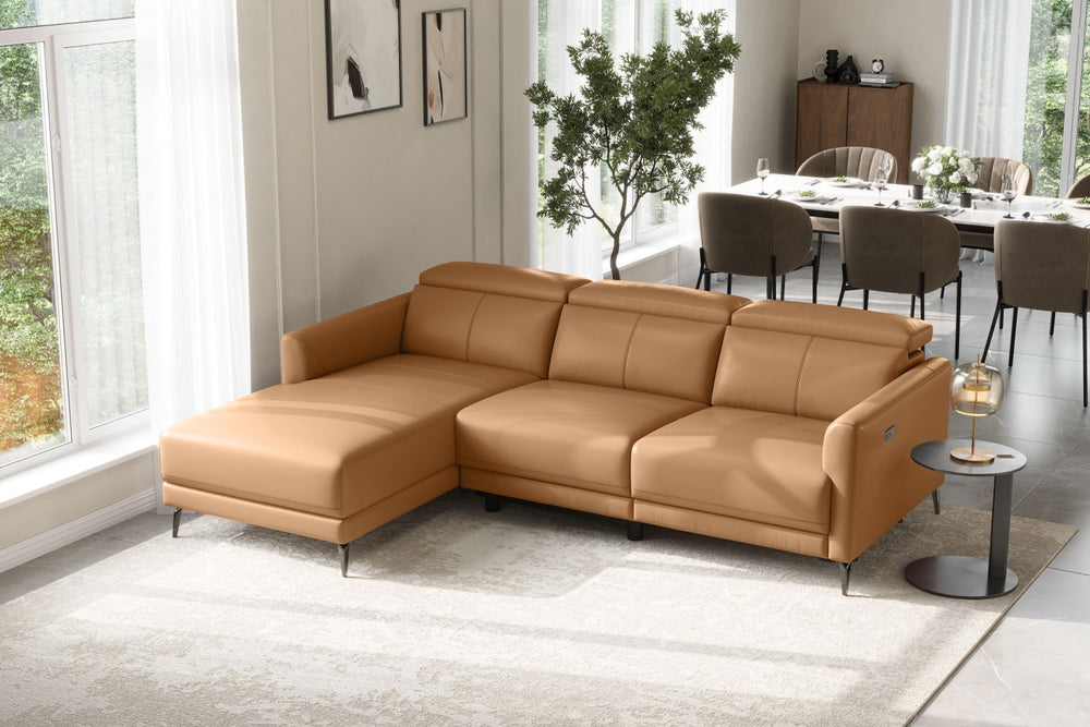 Valencia Andria Modern Left Hand Facing Top Grain Leather Reclining Sectional Sofa, Tan Color