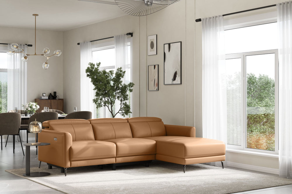 Valencia Andria Modern Right Hand Facing Top Grain Leather Reclining Sectional Sofa, Tan Color