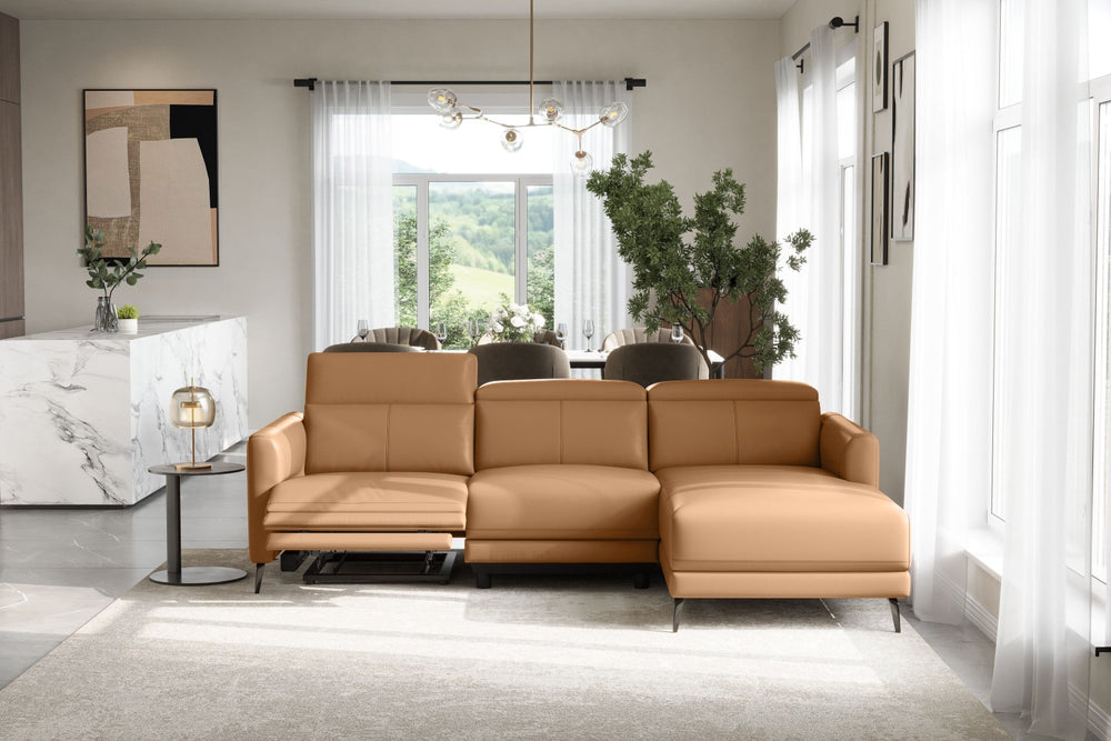 Valencia Andria Modern Right Hand Facing Top Grain Leather Reclining Sectional Sofa, Tan Color