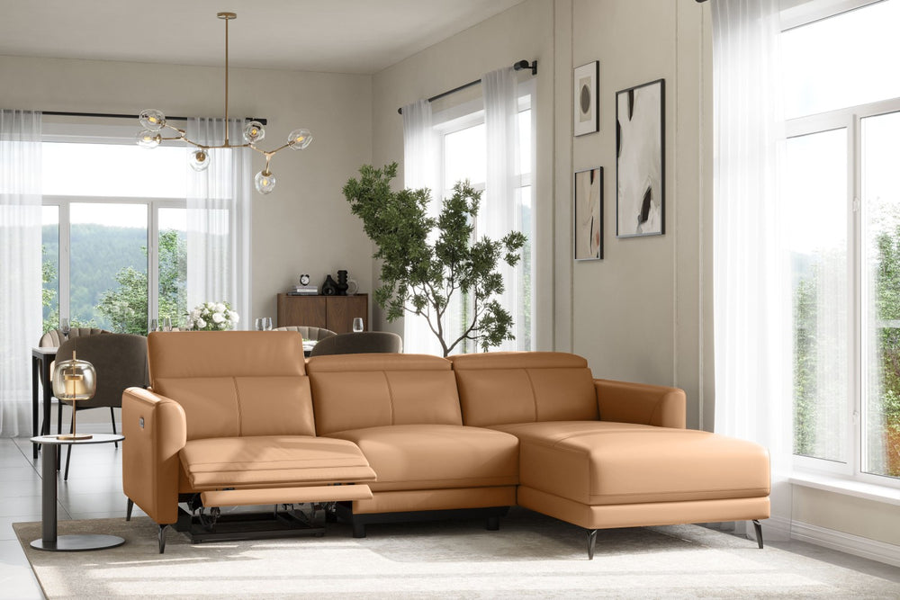 Valencia Andria Modern Right Hand Facing Top Grain Leather Reclining Sectional Sofa, Tan Color