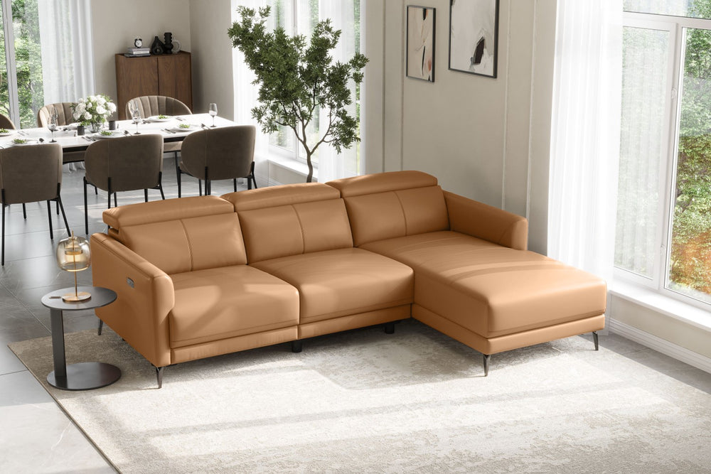 Valencia Andria Modern Right Hand Facing Top Grain Leather Reclining Sectional Sofa, Tan Color