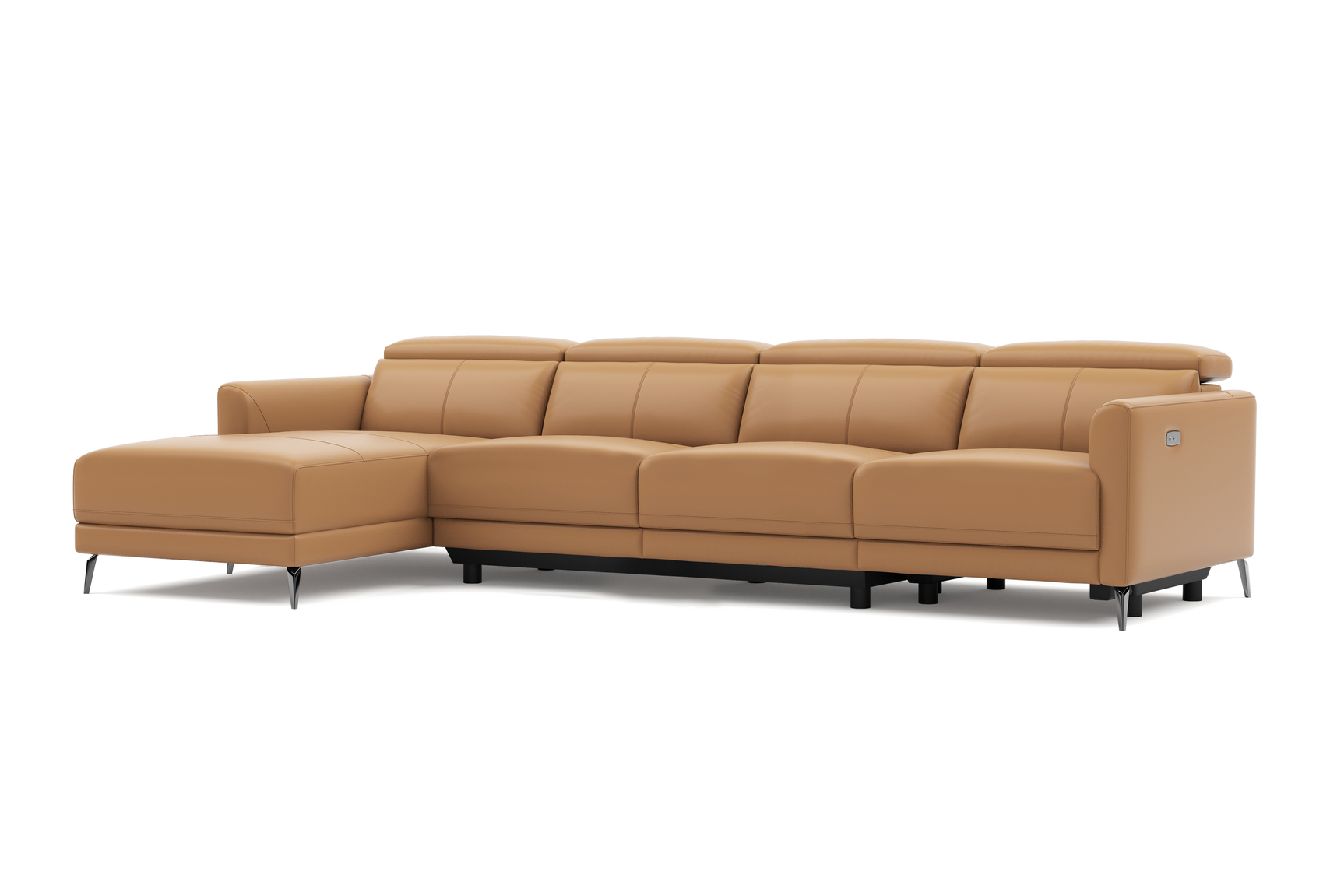 Valencia Andria Modern Top Grain Leather Reclining Sectional Four Seats with Left Chaise Sofa, Tan Color
