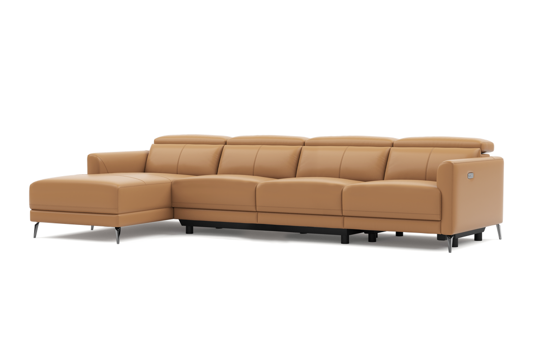 Valencia Andria Modern Top Grain Leather Reclining Sectional Four Seats with Left Chaise Sofa, Tan Color