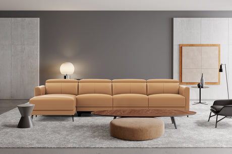 Valencia Andria Modern Top Grain Leather Reclining Sectional Four Seats with Left Chaise Sofa, Tan Color