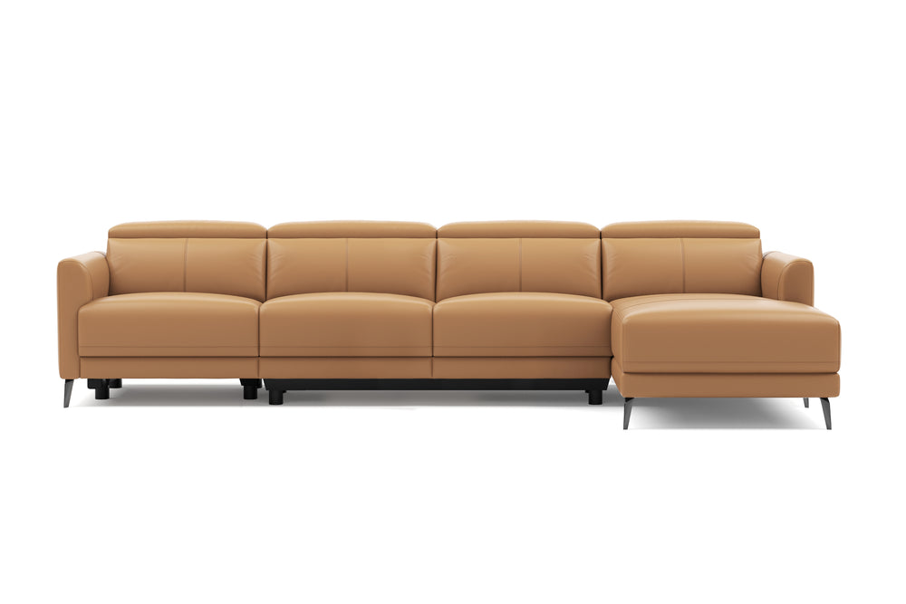 Valencia Andria Modern Top Grain Leather Reclining Sectional Four Seats with Right Chaise Sofa, Tan Color