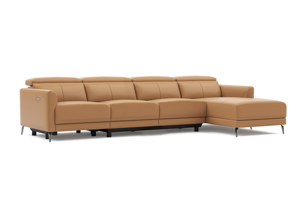 Valencia Andria Modern Top Grain Leather Reclining Sectional Four Seats with Right Chaise Sofa, Tan Color