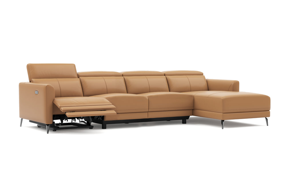 Valencia Andria Modern Top Grain Leather Reclining Sectional Four Seats with Right Chaise Sofa, Tan Color