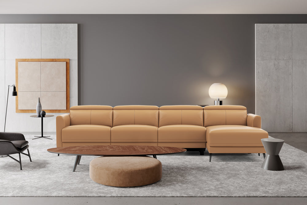 Valencia Andria Modern Top Grain Leather Reclining Sectional Four Seats with Right Chaise Sofa, Tan Color
