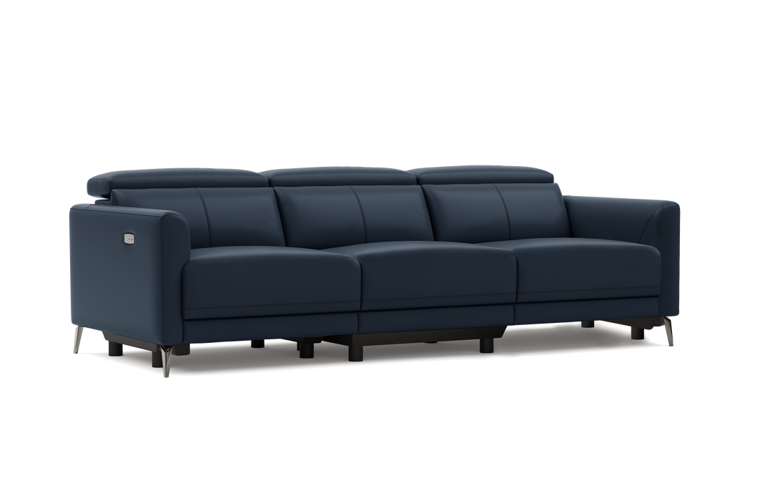 Valencia Andria Modern Top Grain Leather Reclining Sectional Three Seats Sofa, Blue Color