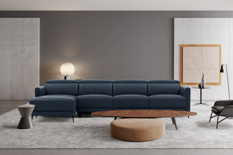 Valencia Andria Modern Top Grain Leather Reclining Sectional Four Seats with Left Chaise Sofa, Blue Color