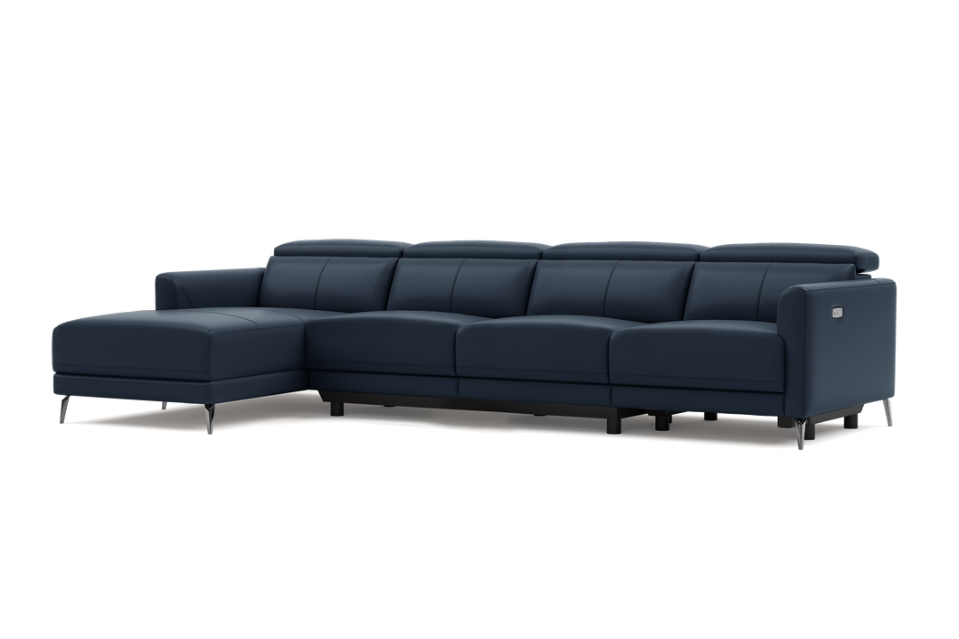 Valencia Andria Modern Top Grain Leather Reclining Sectional Four Seats with Left Chaise Sofa, Blue Color