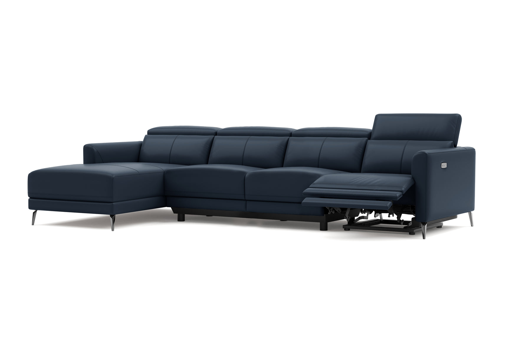 Valencia Andria Modern Top Grain Leather Reclining Sectional Four Seats with Left Chaise Sofa, Blue Color