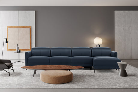 Valencia Andria Modern Top Grain Leather Reclining Sectional Four Seats with Right Chaise Sofa, Blue Color