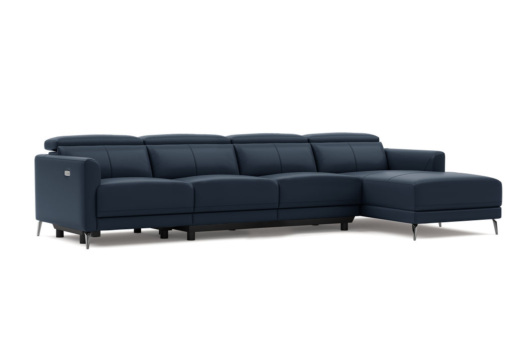 Valencia Andria Modern Top Grain Leather Reclining Sectional Four Seats with Right Chaise Sofa, Blue Color