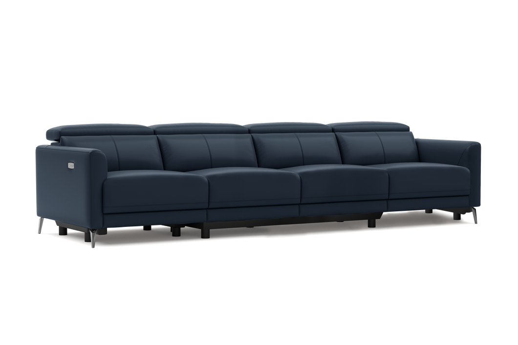 Valencia Andria Modern Top Grain Leather Reclining Sectional Four Seats Sofa, Blue Color