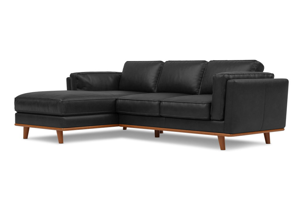 Valencia Artisan Top Grain Leather Three Seats with Left Chaise Leather Sofa, Black Color