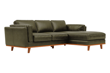 Valencia Artisan Top Grain Leather Three Seats with Right Chaise Leather Sofa, Dark Green Color