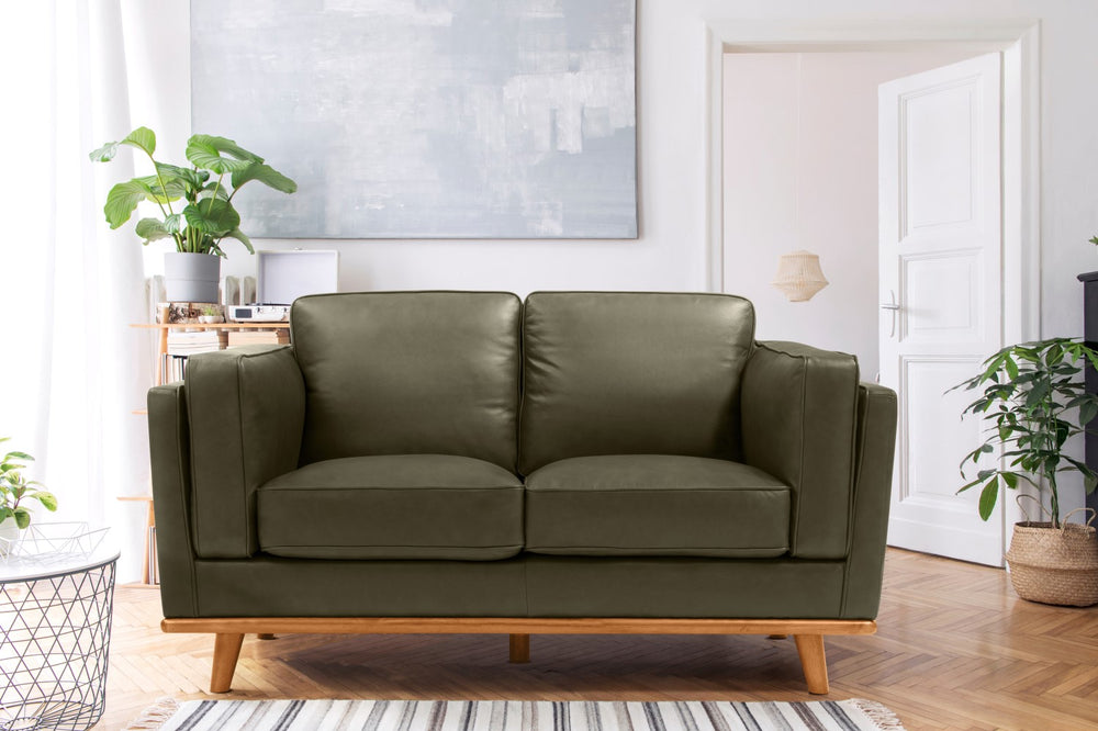 Valencia Artisan Top Grain Leather Loveseat Sofa, Dark Green Color