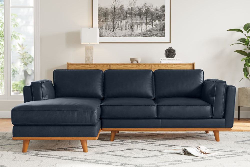 Valencia Artisan Top Grain Leather Three Seats with Left Chaise Leather Sofa, Blue Color