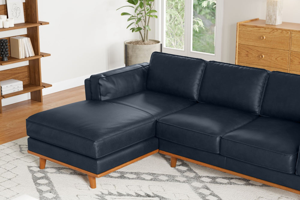Valencia Artisan Top Grain Leather Three Seats with Left Chaise Leather Sofa, Blue Color