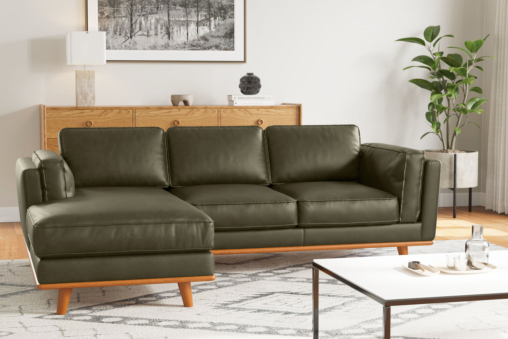 Valencia Artisan Top Grain Leather Three Seats with Left Chaise Leather Sofa, Dark Green Color
