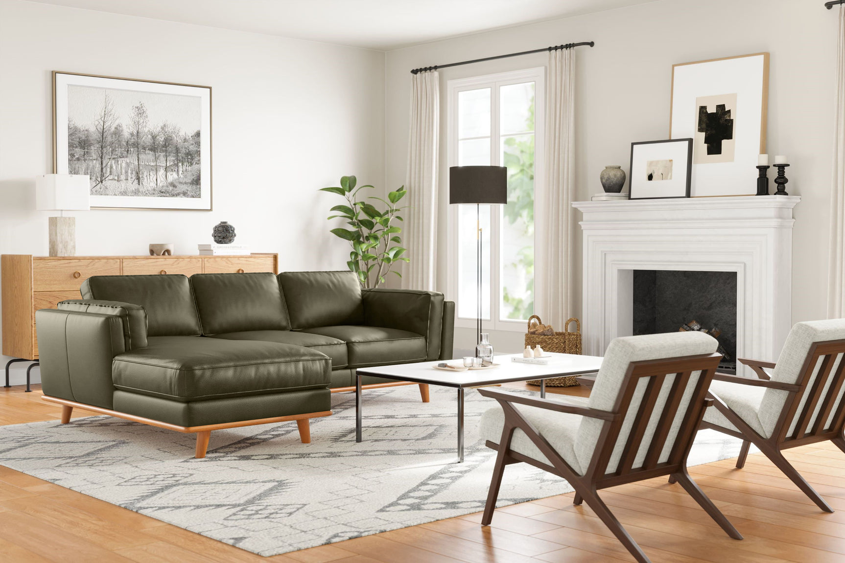 Valencia Artisan Top Grain Leather Three Seats with Left Chaise Leather Sofa, Dark Green Color