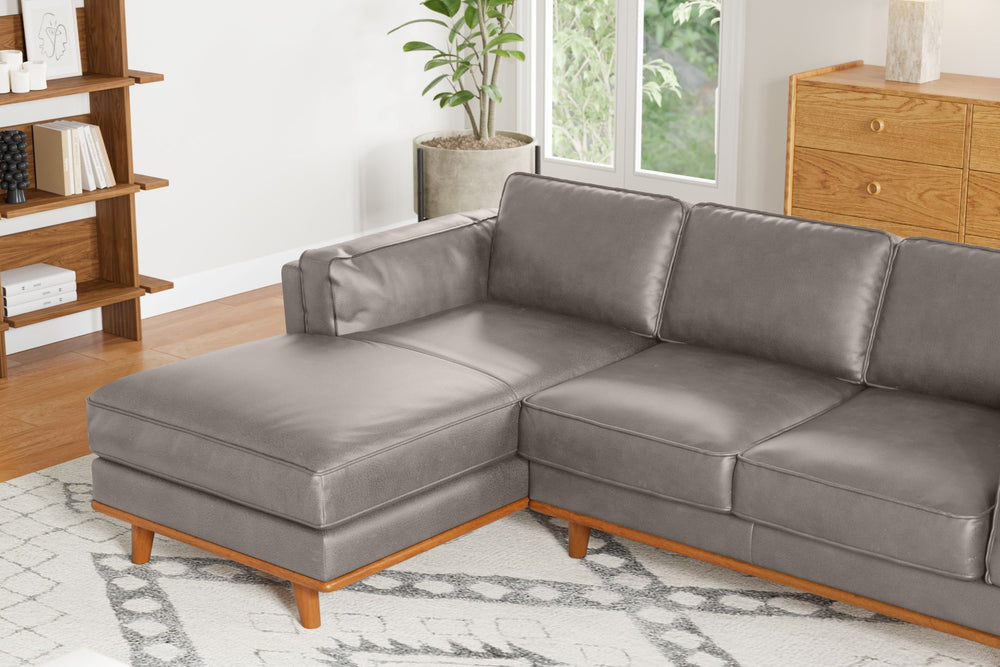 Valencia Artisan Top Grain Leather Three Seats with Left Chaise Leather Sofa, Light Grey Color