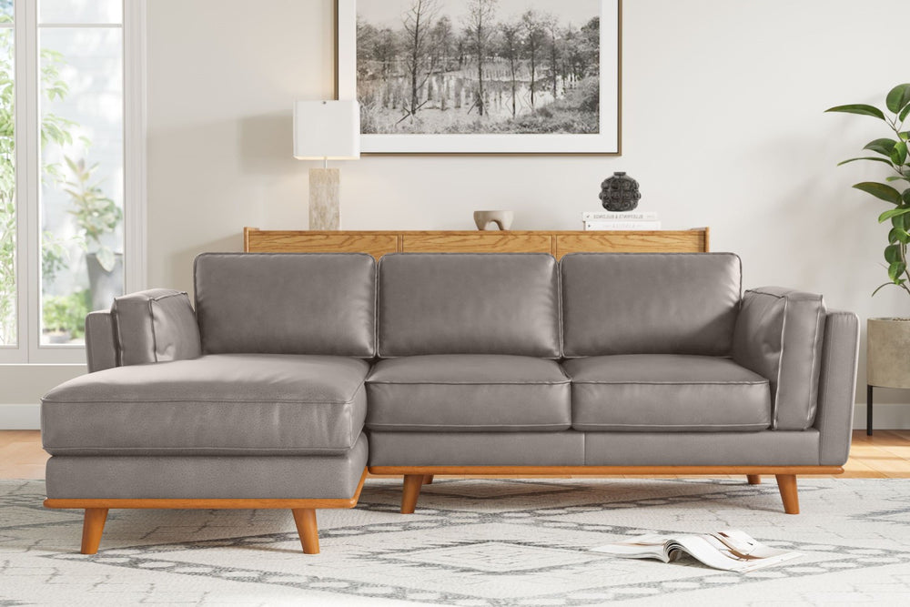 Valencia Artisan Top Grain Leather Three Seats with Left Chaise Leather Sofa, Light Grey Color