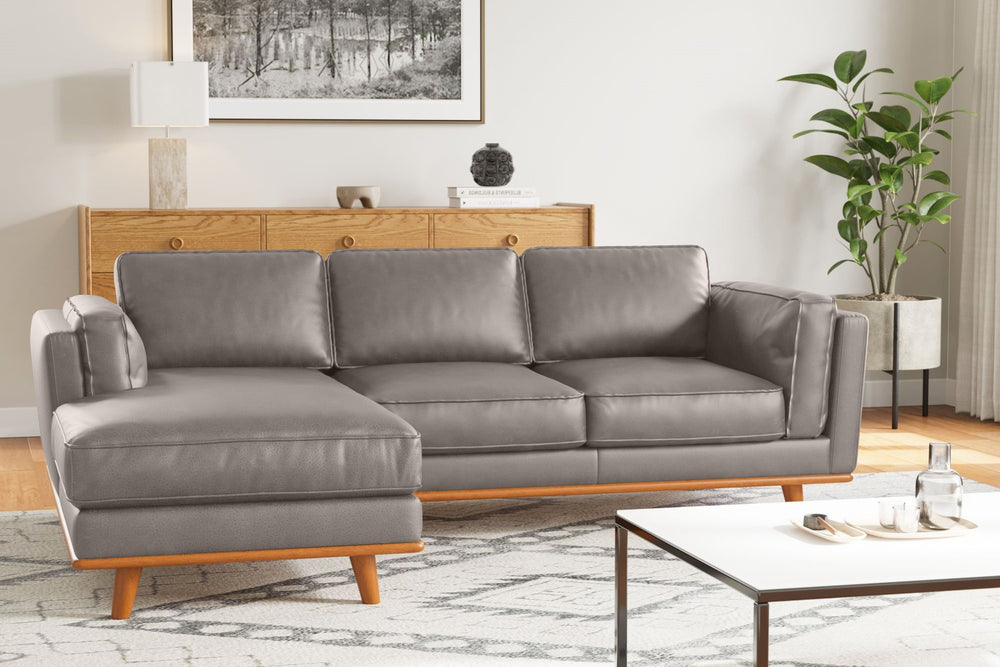 Valencia Artisan Top Grain Leather Three Seats with Left Chaise Leather Sofa, Light Grey Color