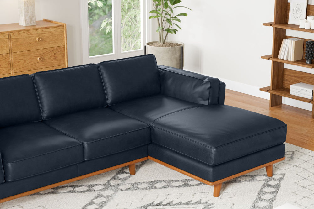 Valencia Artisan Top Grain Leather Three Seats with Right Chaise Leather Sofa, Blue Color