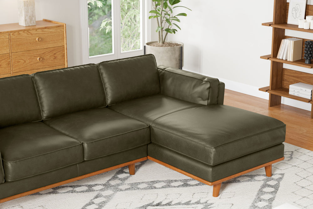 Valencia Artisan Top Grain Leather Three Seats with Right Chaise Leather Sofa, Dark Green Color