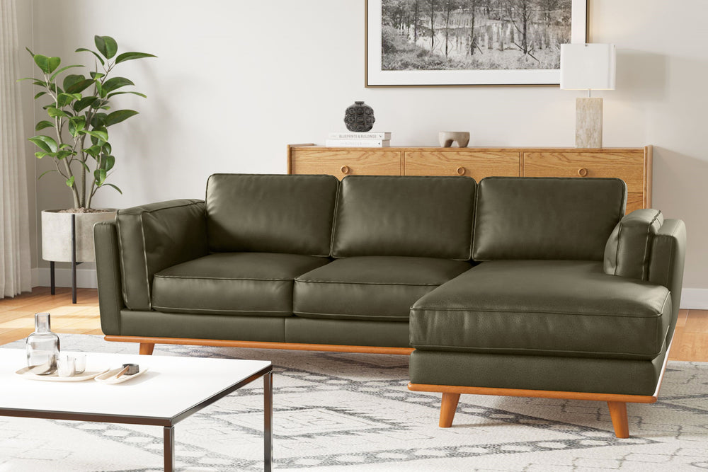 Valencia Artisan Top Grain Leather Three Seats with Right Chaise Leather Sofa, Dark Green Color