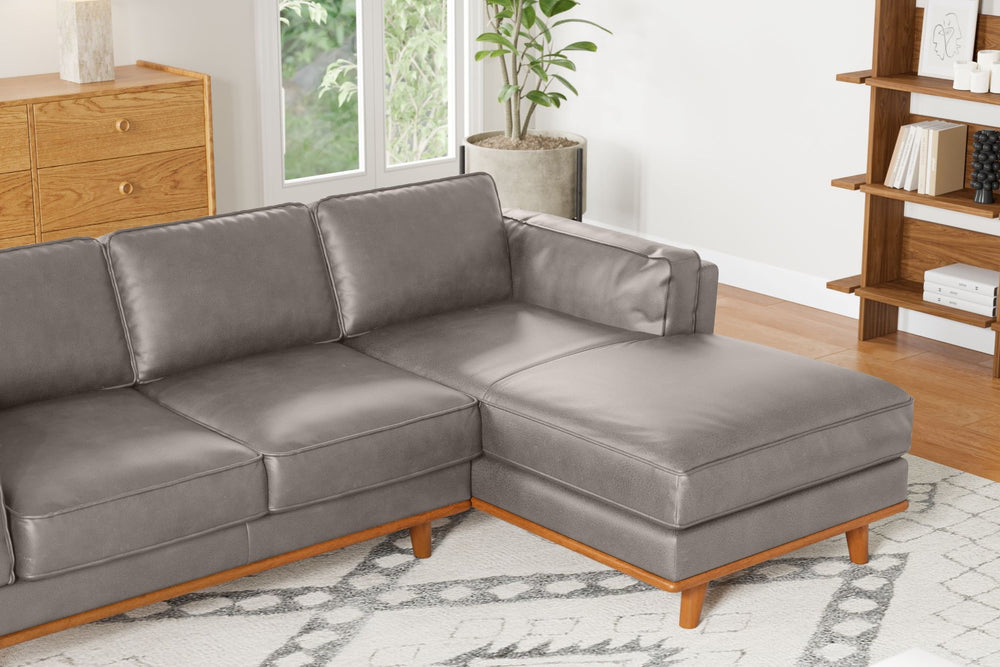 Valencia Artisan Top Grain Leather Three Seats with Right Chaise Leather Sofa, Light Grey Color