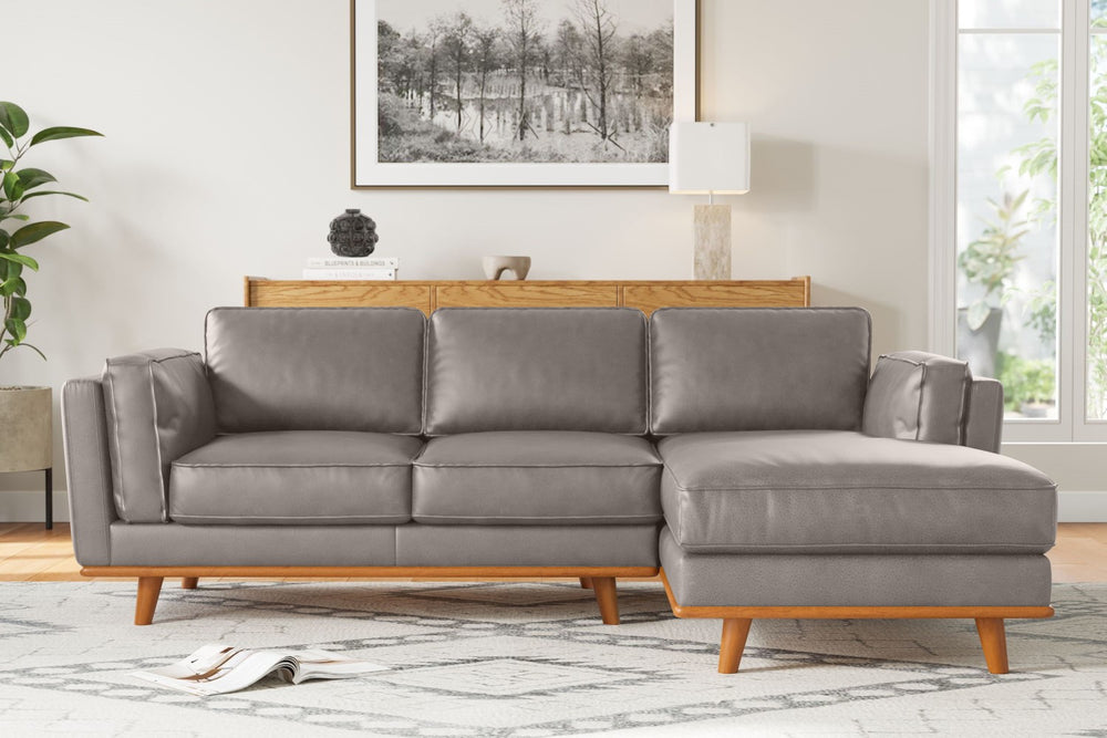 Valencia Artisan Top Grain Leather Three Seats with Right Chaise Leather Sofa, Light Grey Color