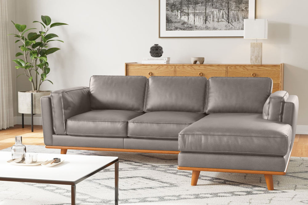 Valencia Artisan Top Grain Leather Three Seats with Right Chaise Leather Sofa, Light Grey Color