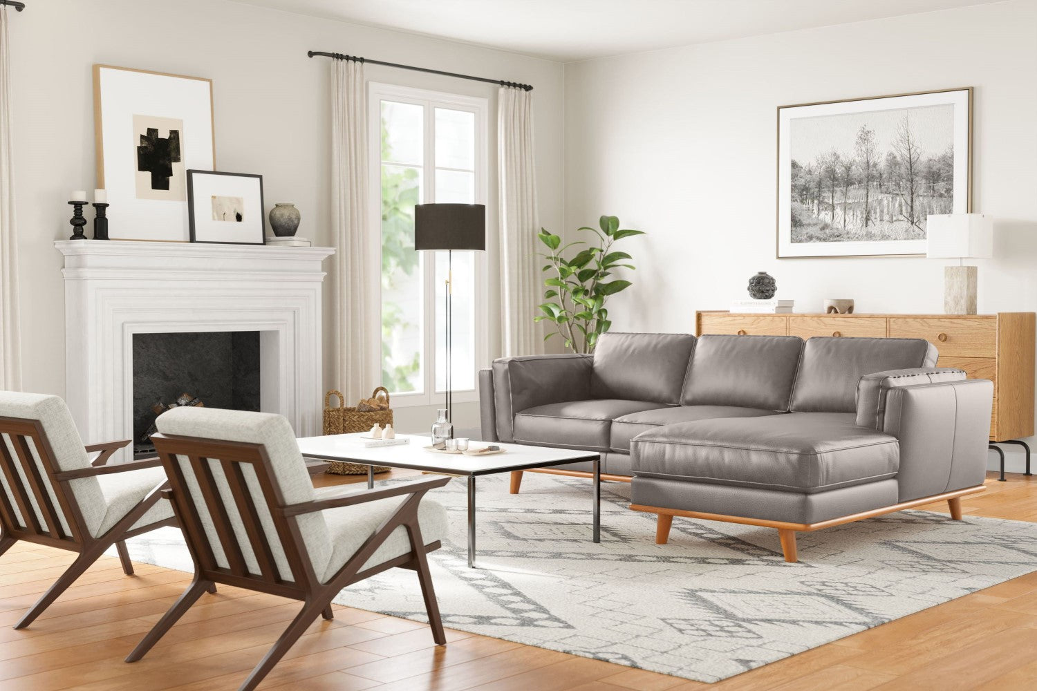Valencia Artisan Top Grain Leather Three Seats with Right Chaise Leather Sofa, Light Grey Color