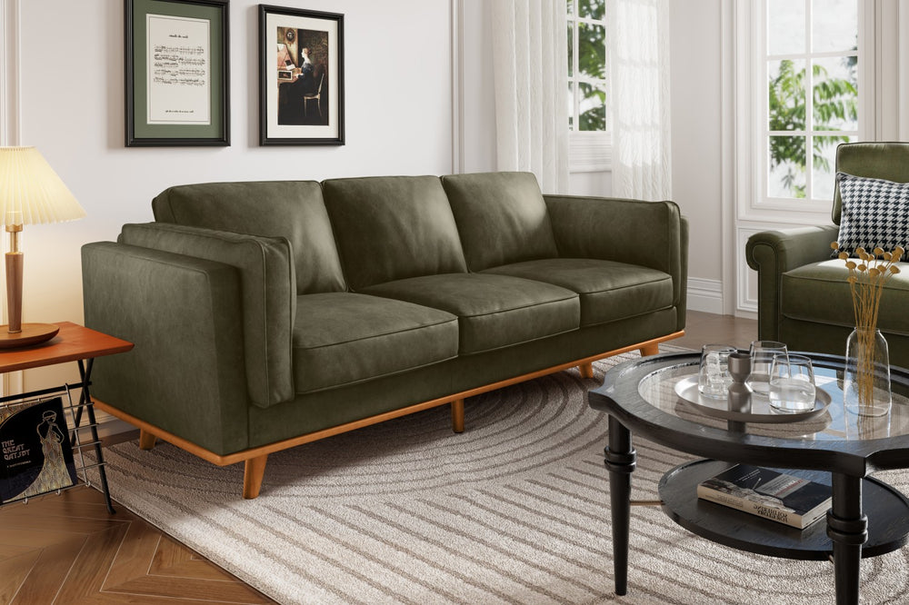 Valencia Artisan Wide Three Seats Leather Sofa, Dark Green Color