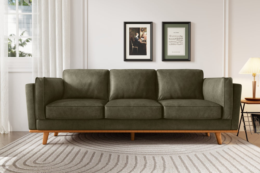 Valencia Artisan Wide Three Seats Leather Sofa, Dark Green Color