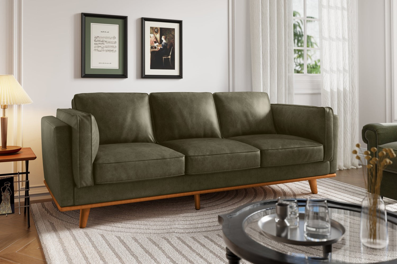 Valencia Artisan Wide Three Seats Leather Sofa, Dark Green Color