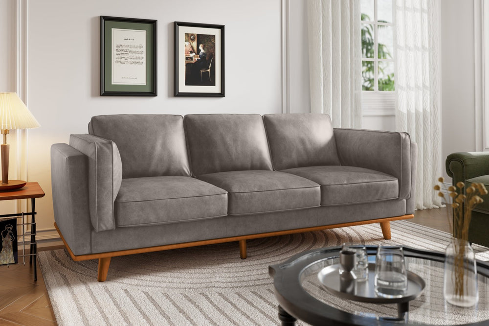 Valencia Artisan Wide Three Seats Leather Sofa, Light Grey Color