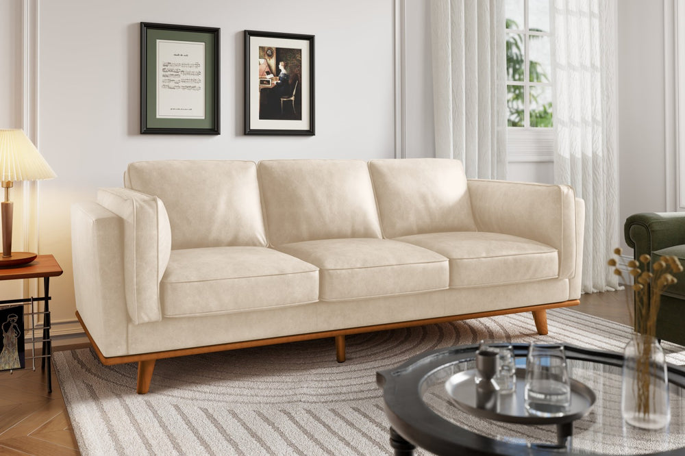 Valencia Artisan Wide Three Seats Leather Sofa, Beige Color