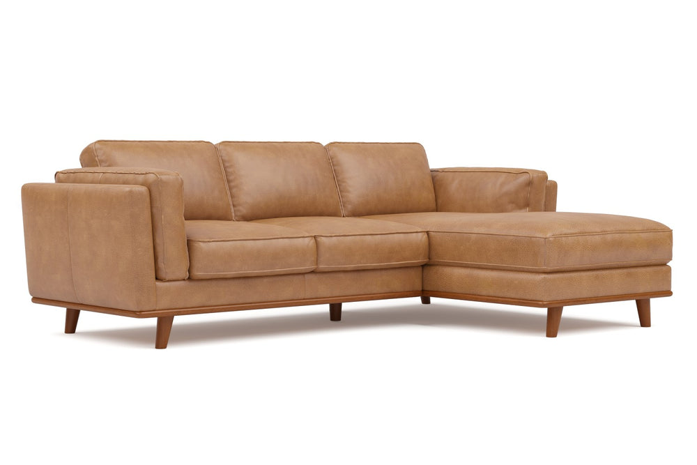 Valencia Artisan Top Grain Leather Three Seats with Right Chaise Leather Sofa, Tan Color